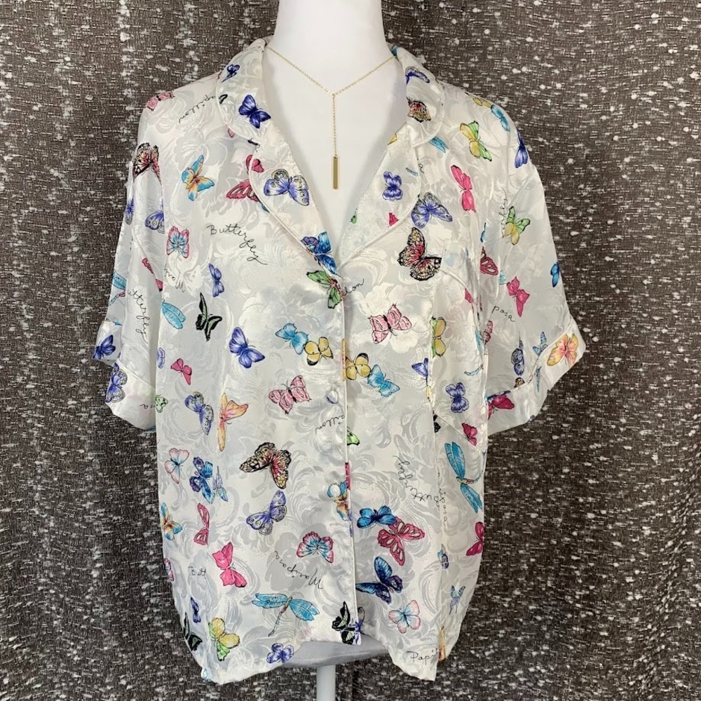 Vintage Vanity Fair‎ Butterfly Pajama Short Sleeve Shirt Women's Large